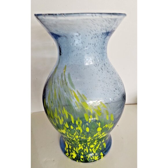 Murano Vintage Hand Blown Blue Forced Bubble Art Glass Vase Green/Yellow - Picture 1 of 14